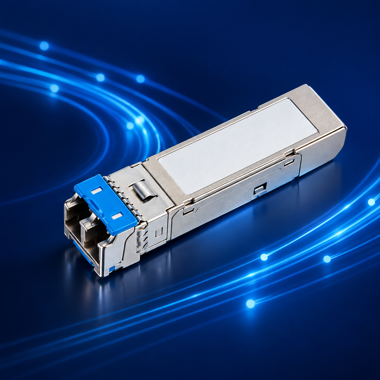 Sanoc 聖威光電|銀色 SFP 外殼、LC 接頭與藍色拉環的外觀示意|100BASE SFP / 100BASE-FX 光收發模組