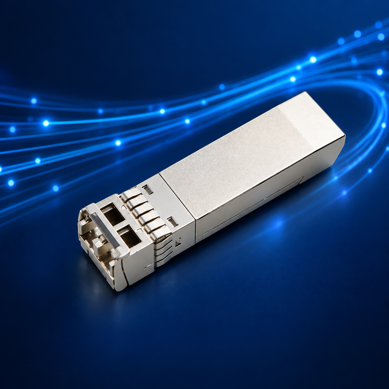 Sanoc 聖威光電｜10G CWDM SFP+ 光收發模組與深藍光纖光束形象圖